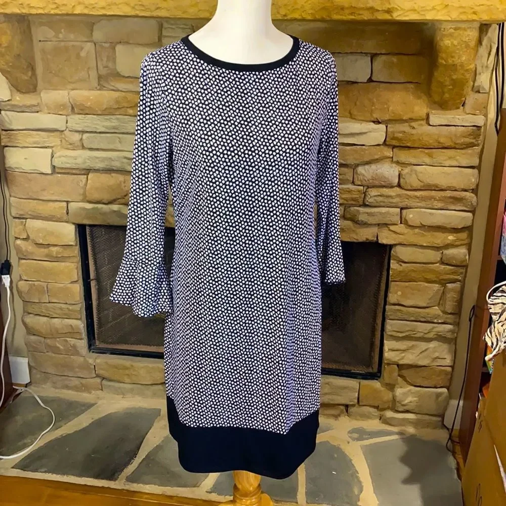Michael Kors Black White Polyester Stretch 3/4 Sleeve Shift Dress Size M